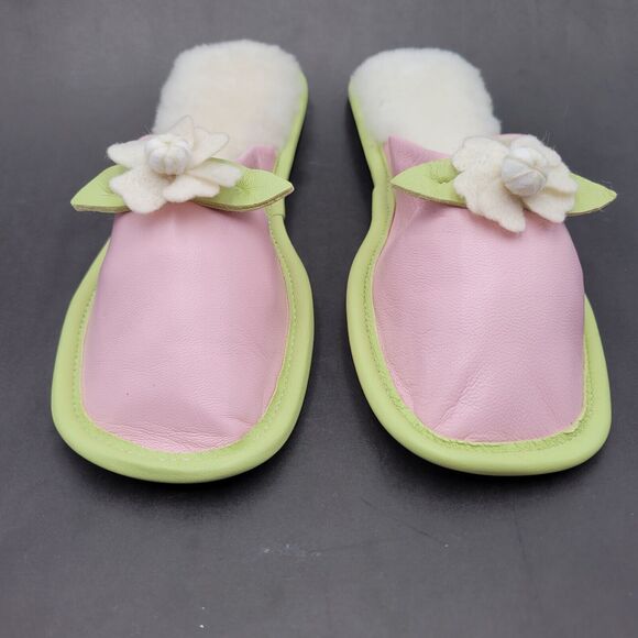 Vtg Amy Jo Gladstone Pink & Green Slide Slippers Size M Leather - Picture 4 of 9